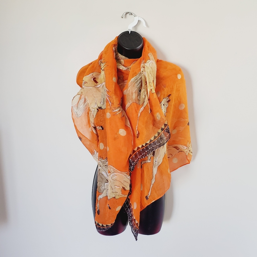H1 Horse Print Equestrian Orange Bold Preppy Scarf